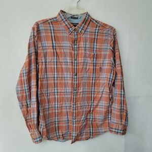 Eddie Bauer Mens Plaid‎ Button Down Shirt Classic Fit Casual Orange Blue Large